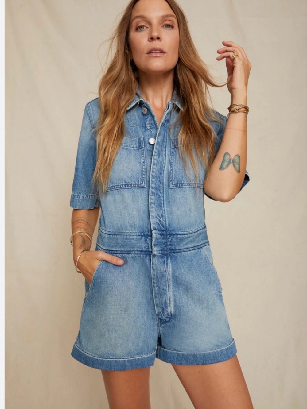 AMO Light Blue Denim Short Overalls Romper